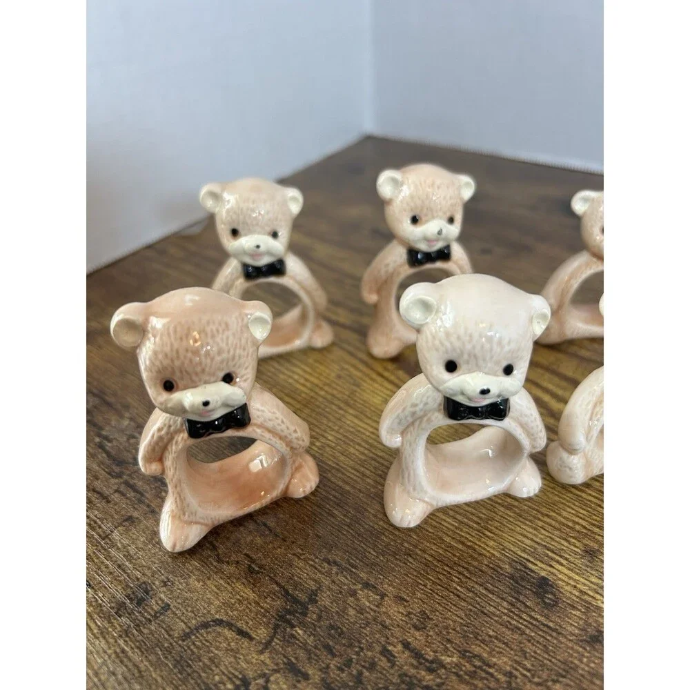 Vintage Taiwan Teddy Bear Ceramic Napkin Ring Holders Set of 8 Brown Boy Girl